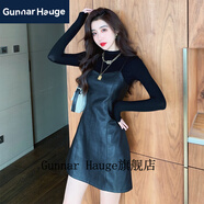 Gunnar Hauge小個子連衣裙秋冬款短裙矮個子冬天穿的加絨加厚連體連身裙女裝高 黑色[加絨皮裙套裝] S