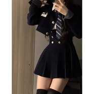 瓊暖學(xué)院風(fēng)套裝女短款西裝外套JK制服裙春夏高腰顯瘦百褶 西裝+吊帶裙+襯衫三件套【送領(lǐng)帶】 S