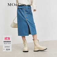 MO&Co.牛仔半身裙春秋復(fù)古高腰立體貼袋雕花金扣開叉直筒棉質(zhì)摩安珂 牛仔藍(lán)色-第1批 XS 155
