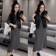 2025秋季新款韓版時(shí)尚套裝PU馬甲條紋連衣裙皮馬甲休閑長(cháng)裙兩件套 黑色（馬甲+裙子） L （建議99-109斤）卡碼拍大