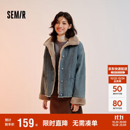 森馬（Semir）牛仔棉服女拼接毛領(lǐng)美式復(fù)古2024冬寬松毛邊夾克街頭109724108017