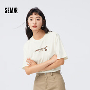 森馬（Semir）【夏日T恤合輯】短袖T恤女中長(cháng)款滿(mǎn)印夏印花落肩上衣寬松顯瘦涼感 G款中長(cháng)款寬松印花-奶白10501 160/84A/M