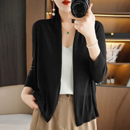 啄木鳥(niǎo)夏季薄款開(kāi)衫女外搭天絲披肩外套防曬空調衫七分袖冰絲針織衫 黑色 2XL 140-160