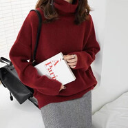 恒源祥歐美高領(lǐng)針織衫女秋冬寬松套頭加厚毛衣慵懶風(fēng)時(shí)尚百搭打底衫上衣 酒紅色 S 80-100斤