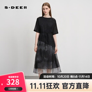 S.DEER圣迪奧女裝收腰暈染歐根紗針織衫連衣裙套裝S242Z1430 黑色/91 L (170)