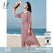 玖姿·安娜蔻氣質(zhì)民俗風(fēng)印花單排扣圓領(lǐng)雪紡收腰連衣裙女2025夏新款 花銹紅 XS