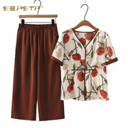 夏典素訂女王（SE.PSTP）母親節媽媽夏裝2025套裝中年女裝中老年女裝春夏尚大碼女裝休閑短 酒紅色【上衣+褲子】 XL 【建議100斤內】