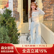 森女部落原創(chuàng)甜美白格紋蕾絲小花邊休閑褲女2025春季新款女裝 藍(lán)色褲子（高個(gè)子版本）（單件） M