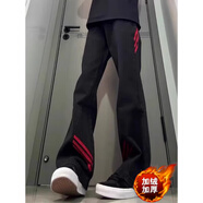 至濤紅黑撞色拼接微喇牛仔褲男秋冬季潮流高街設計美式工裝直筒長(cháng)褲子 黑色 【加絨】 L