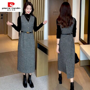 皮爾卡丹（pierre cardin）時(shí)尚套裝毛呢背心裙秋冬裝女長(cháng)款小香風(fēng)打底裙洋氣質(zhì)感連衣裙 灰色裙+黑毛衣【套裝】 2XL