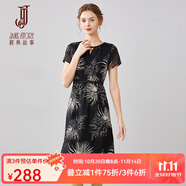 經(jīng)典故事（JANE STORY）中長款印花連衣裙女2025夏季新款時尚圓領(lǐng)氣質(zhì)黑色高端雪紡裙子 R23 黑帶杏色 S
