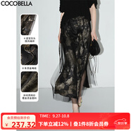COCOBELLA[浮金碎影]新中式燙金網(wǎng)紗半身裙夏開叉長裙HS0028 黑金 XL
