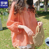 羅蒙小眾韓版長(cháng)袖棉麻襯衫女夏款寬松娃娃衫大碼高端棉麻小衫T恤 桔色 L 110-125斤