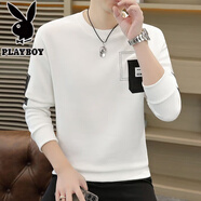 花花公子（PLAYBOY）刺繡貼布高品質(zhì)華棉男士衛(wèi)衣秋冬長袖T恤加絨加厚青年體恤打底衫 W7719 白色 【春秋款】【收藏加購優(yōu)先發(fā)貨】 L 110斤-125斤