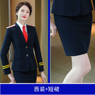 GABALMANIA乘務(wù)員空姐保安女秋冬長(zhǎng)袖打鼓服氣質(zhì)修身大紅西裝褲套裝 藍(lán)西裝＋短裙【肩章】 S