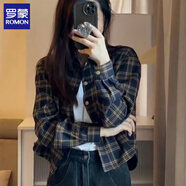 羅蒙（ROMON）磨毛復(fù)古格子襯衫女春秋2025新款短款外套長袖上衣高級感襯衣 藏青色 L 108-118斤
