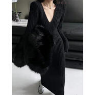 法式復古感加厚毛衣長(cháng)裙氣質(zhì)名媛修身V領(lǐng)針織過(guò)膝顯瘦連衣裙 黑色毛衣裙版 M