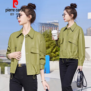 皮爾卡丹（pierre cardin）皮衣外套女春秋裝短款綿羊皮小個(gè)子2025年新款軟皮寬松皮夾克針織 秋香綠 M (建議90-105斤 高品質(zhì))
