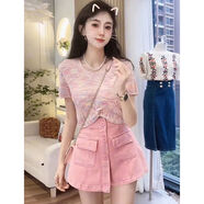 甜美系穿搭粉色V領(lǐng)針織小衫夏短袖t恤上衣高腰A字裙褲套裝 單上衣網(wǎng)紅日系街頭甜辣感 S