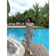 園翌方領(lǐng)修身顯瘦連衣裙女夏季收腰短袖不規(guī)則長(zhǎng)款裙子 灰色 S