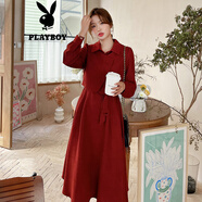 花花公子（PLAYBOY）實(shí)拍法式紅色連衣裙女秋冬2025新款感氣質(zhì)名媛假兩件套裝長(cháng)裙 棗紅色官方旗艦版 S