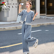 啄木鳥(niǎo)高級感蕾絲拼接牛仔套裝女2025春秋季新款牛仔外套闊腿褲兩件套裝 淺藍色 M 【85-105斤】