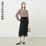 顏域黑色直筒半身裙女2025秋季通勤百搭蕾絲花邊一步裙女 黑色 L