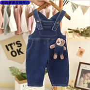 NAOISKEY?腦斯基兒童背帶褲韓版可開(kāi)襠1-3歲牛仔褲男女童長(cháng)褲加絨寶寶背帶褲 67 單褲深藍萌小熊 100