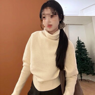 韓版高領(lǐng)蝙蝠袖毛衣女秋冬慵懶風(fēng)針織衫網(wǎng)紅款 米杏色 M 建議90-100斤
