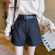 皮爾卡丹胖mm人字紋毛呢短褲女秋冬款大碼a字復古百搭外穿褲打底靴褲 207黑色人字紋 M 建議85-105斤