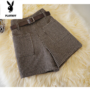 花花公子（PLAYBOY）千鳥(niǎo)格毛呢短褲女秋冬新款高腰復古顯瘦靴褲大碼呢子口袋闊腿褲子 K2號毛呢短褲 咖色 S