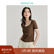 茵曼（INMAN）撞色羅紋棉女裝U領(lǐng)短袖T恤修身氣質(zhì)通勤2025夏季新款短款上衣 深咖啡 M