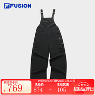FILA FUSION斐樂潮牌梭織背帶褲女新款時尚休閑寬松工裝褲褲子 正黑色-BK XL 175/74A