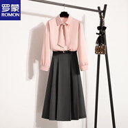 羅蒙職業(yè)春秋復試考研穿搭正式場(chǎng)合通勤教資面試正裝上衣半身裙套裝女 粉色襯衫+灰色半身裙【套裝】 2XL 【建議135-150斤】