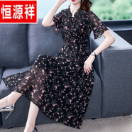 恒源祥連衣裙女冰絲雪紡裙子新款2025年春夏裝長(zhǎng)袖碎花連衣裙大尺碼減 黑色短/袖 3XL 【建議135--150斤】