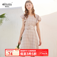 Olrain歐芮兒女裝格子連衣裙中長(cháng)款西裝領(lǐng)雪紡女法式復古裙赫本風(fēng)桔梗裙 粉格 9XLB15819 S 155/80A