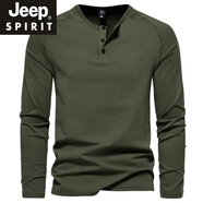 JEEP SPIRIT秋季男士純棉亨利領(lǐng)長(cháng)袖T恤青年歐美簡(jiǎn)約彈力修身純色百搭打底衫 軍綠色 4XL 【180-190斤】
