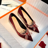 柏歐迪芬奈絲 BORDIFENASI31502-117A紅色結(jié)婚高跟鞋女2024年新款中式敬酒新娘婚鞋禾秀婚紗 紅色 5cm 34