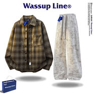 潮流推薦Wassup Line潮牌長(zhǎng)袖襯衫套裝男款美式覆古格子襯衣男春 2373咖啡色+823淺灰色 M