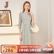 經(jīng)典故事（JANE STORY）法式復(fù)古條紋連衣裙女2025春秋新款圓領(lǐng)七分袖雪紡裙高級感中長裙 白綠藍條 XL