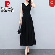 皮爾卡丹（pierre cardin）無袖V領(lǐng)收腰顯瘦A字雪紡連衣裙黑色打底背心長裙胖肥MM女秋夏 黑色 L 適合101-110斤
