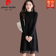 皮爾卡丹（pierre cardin）蕾絲針織連衣裙女春秋新款內搭顯瘦羊毛打底衫中長(cháng)款毛衣裙羊絨衫 黑色 4XL