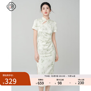 固執(zhí)（OBSTINATE）【特價(jià)】2025夏季新中式竹葉提花日常顯瘦改良短袖氣質(zhì)旗袍連衣裙 淺綠色 M