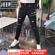 JEEP SPIRIT吉普歐洲站春季牛仔褲男士修身小腳潮流褲子個(gè)性拉鏈潮牌彈力百搭 黑色G85款 28