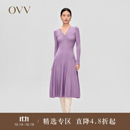 OVV2023秋冬新款女裝舒適V領(lǐng)A字廓形下擺傘裙長袖針織連衣裙 淺紫（凈色）A1 XL