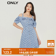 ONLY秋季休閑滿印一字肩A字牛仔短款連衣裙女|123242042 J33 350水洗牛仔藍(lán) XS (155) 76A
