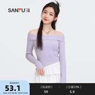 三福毛衣2025秋季蕾絲斜下擺一字肩優(yōu)雅上衣女裝496694 淺紫色 S