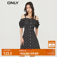 ONLY秋季休閑滿印一字肩A字牛仔短款連衣裙女|123242042 J09 深牛仔灰色 DARK GREY DENIM XS (155) 76A