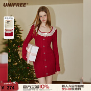 UNIFREE【秋裝新品】長袖針織連衣裙娃娃領(lǐng)復(fù)古純欲收腰包臀裙子 紅色 S