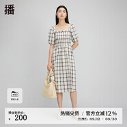 播春夏季新款氣質方領復古泡泡袖連衣裙女DDQ3LD5051 W11白色格 M